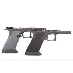 Two Glock frames showing two different ZEV Technologies' grip textures