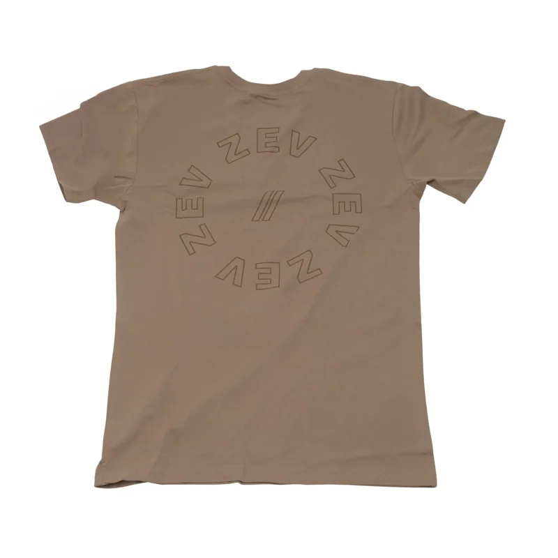 The back of a tan ZEV Circle Tee.
