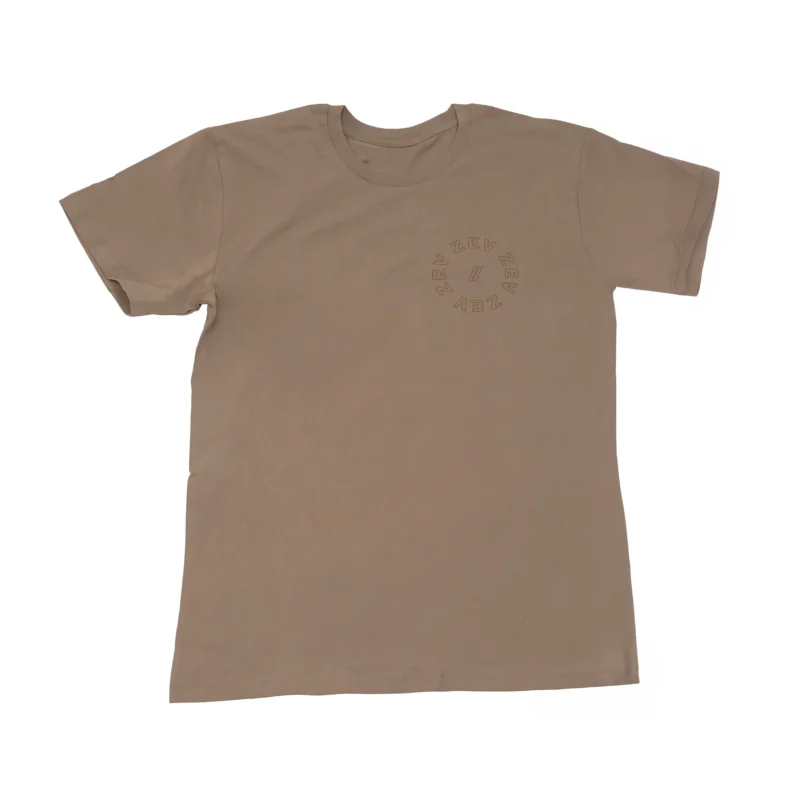The front of a tan ZEV Circle Tee.