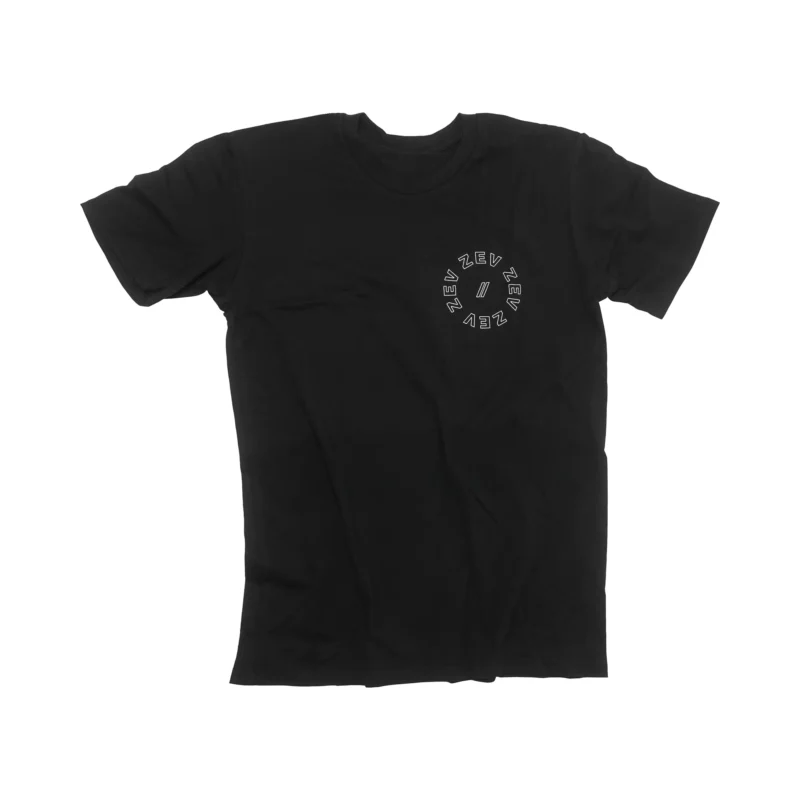 The front of a black ZEV Circle Tee.