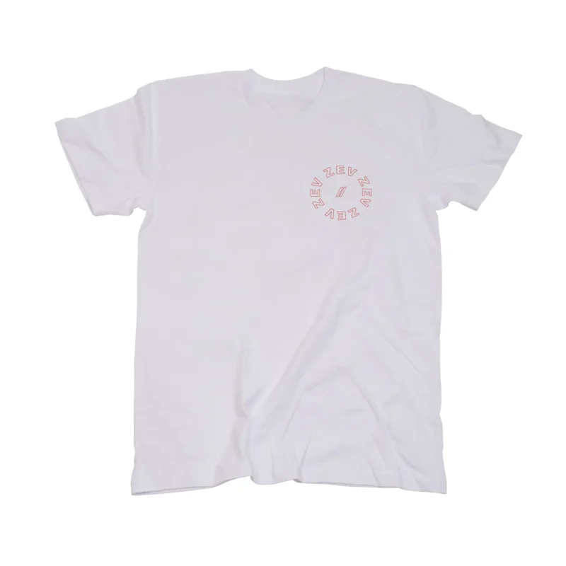 The front of a white ZEV Circle Tee with red text.