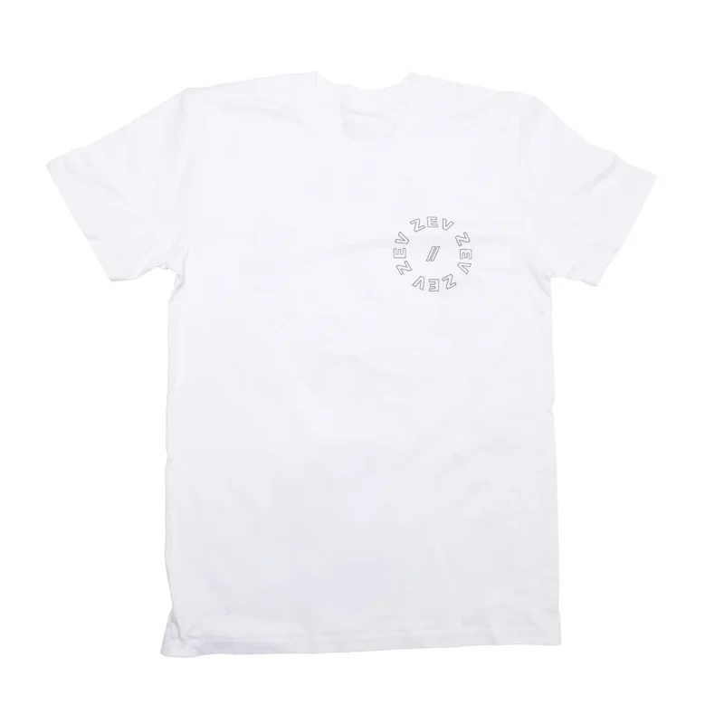 The front of a white ZEV Circle Tee with black text.