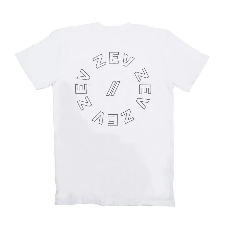 The back of a white ZEV Circle Tee with black text.