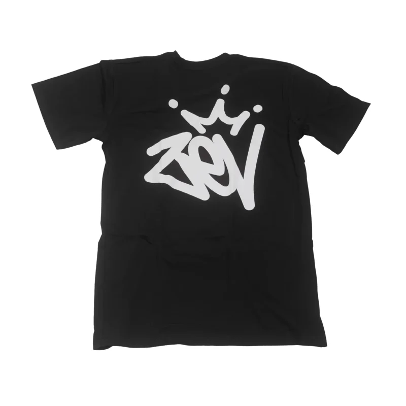 The back of a black Zev Crown Tag Tee.