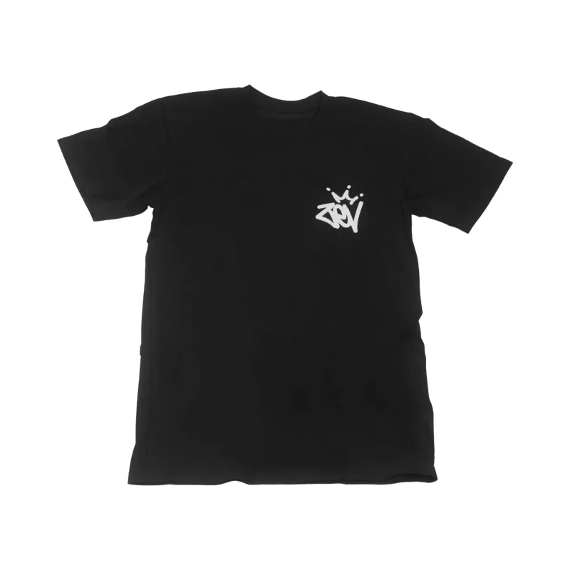 The front of a black Zev Crown Tag Tee.