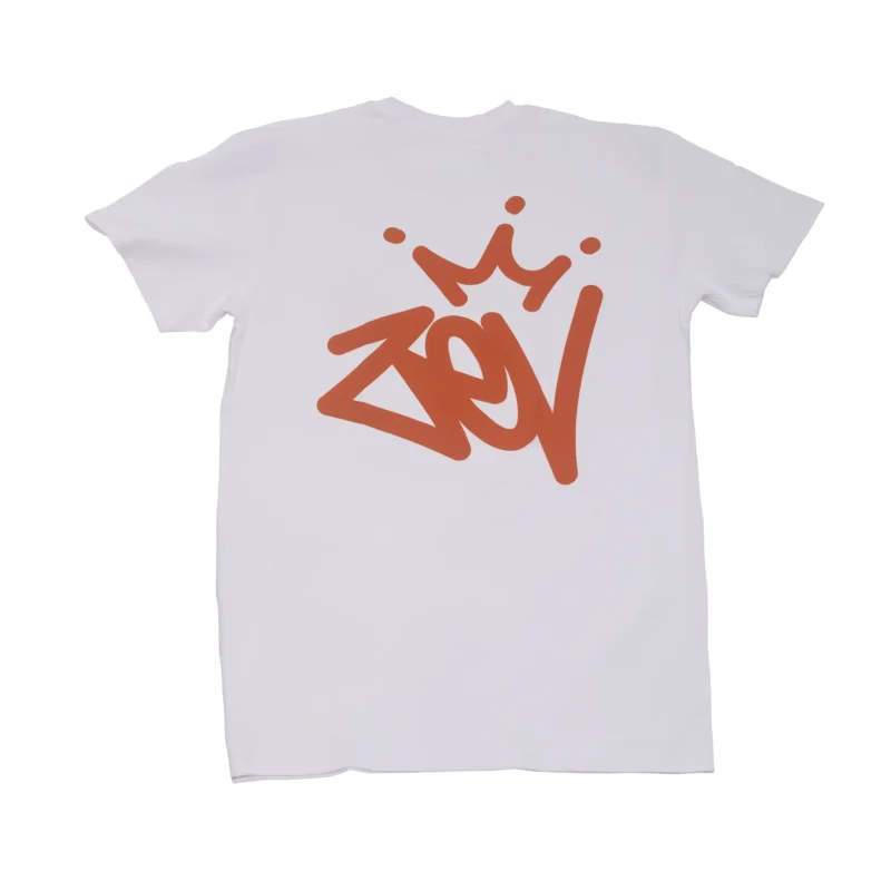 The back of a white Zev Crown Tag Tee.