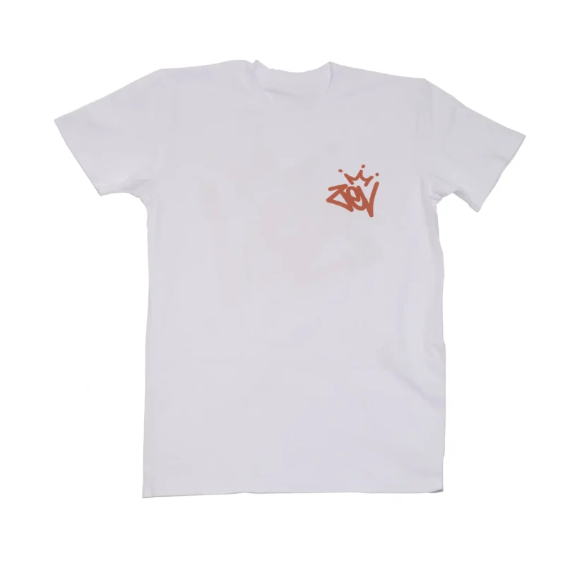 The front of a white Zev Crown Tag Tee.
