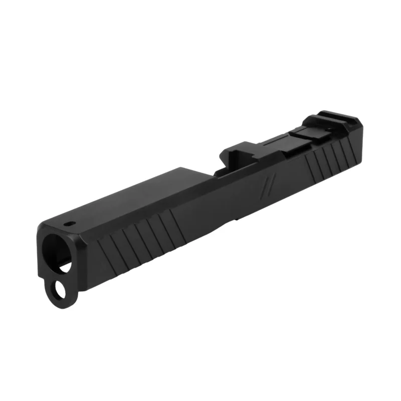 ZEV Z17 DUTY STRIPPED SLIDE WITH ACRO CUT FOR GLOCK 17 Gen 1-3 angled from the front left side.