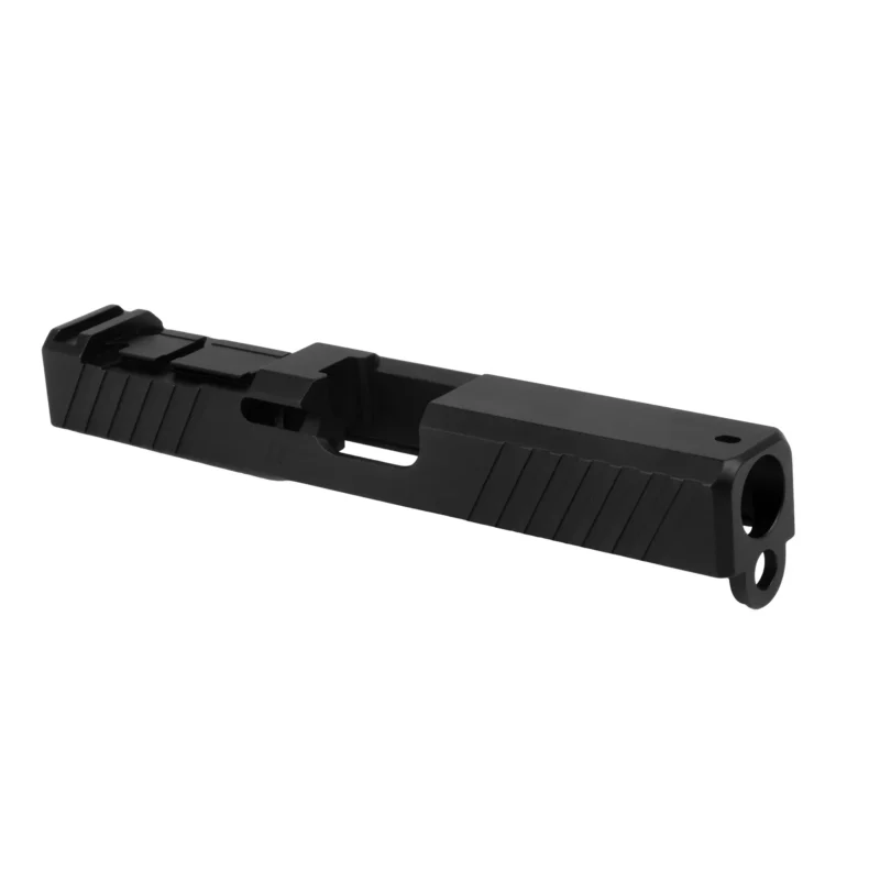 ZEV Z19 DUTY STRIPPED SLIDE WITH ACRO CUT FOR GLOCK 19 Gen 1-3. Right 3/4 front view.