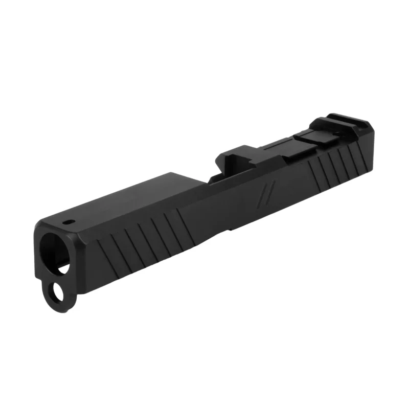ZEV Z19 DUTY STRIPPED SLIDE WITH ACRO CUT FOR GLOCK 19 Gen 1-3. 3/4 front view.