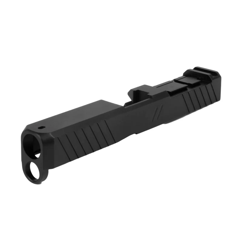 ZEV Z19 DUTY STRIPPED SLIDE WITH ACRO CUT FOR GLOCK 19 Gen 5. Left 3/4 front view.