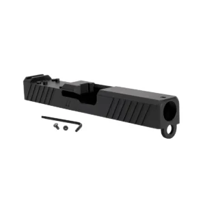 ZEV Z19 DUTY STRIPPED SLIDE WITH DeltaPoint Pro CUT FOR GLOCK 19 Gen 1-3. right 3/4 front view.