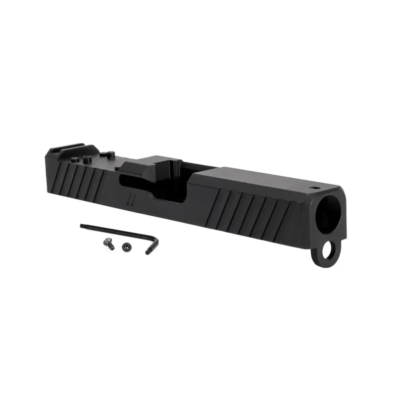 ZEV Z19 DUTY STRIPPED SLIDE WITH DeltaPoint Pro CUT FOR GLOCK 19 Gen 1-3. right 3/4 front view.