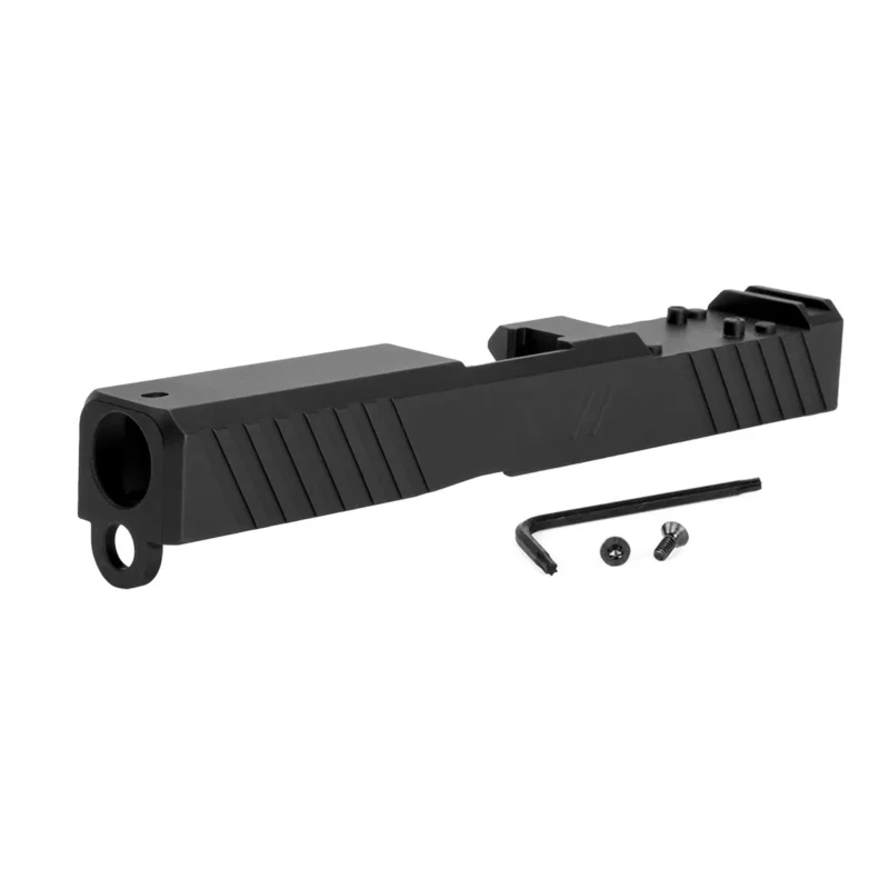 ZEV Z19 DUTY STRIPPED SLIDE WITH DeltaPoint Pro CUT FOR GLOCK 19 Gen 1-3. left 3/4 front view.