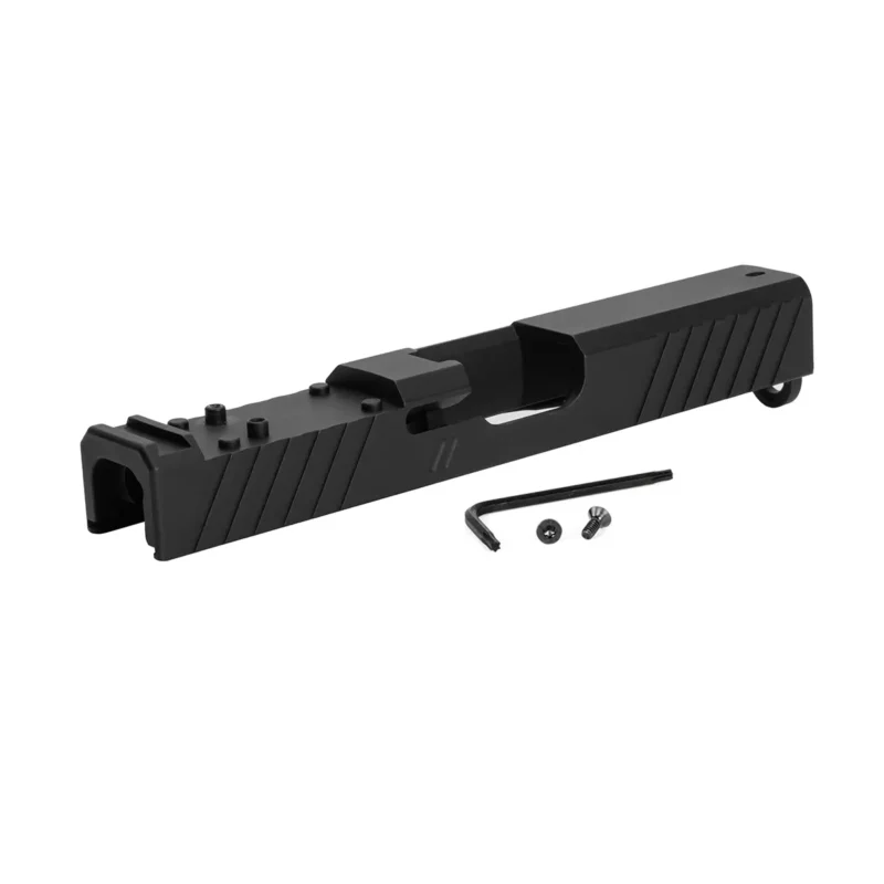 ZEV Z19 DUTY STRIPPED SLIDE WITH DeltaPoint Pro CUT FOR GLOCK 19 Gen 1-3. left 3/4 back view.