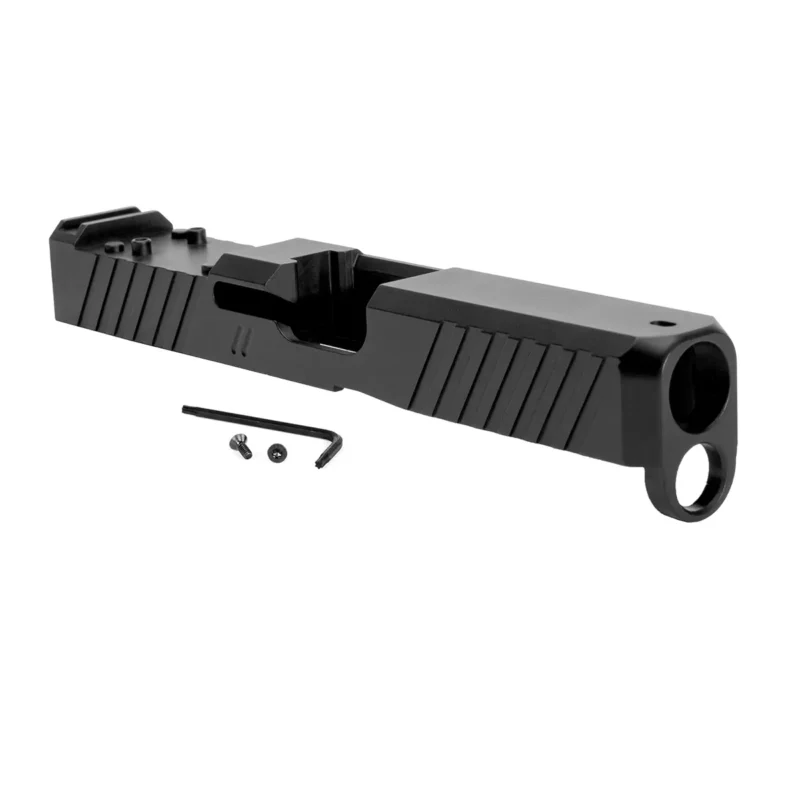 ZEV Z19 DUTY STRIPPED SLIDE WITH DeltaPoint Pro CUT FOR GLOCK 19 Gen 5. right 3/4 front view.