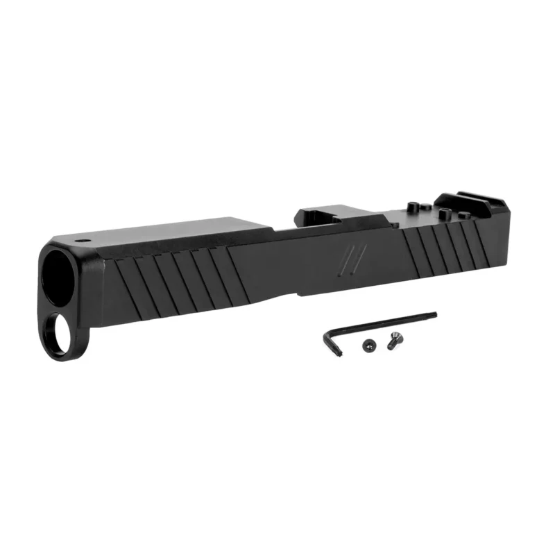 ZEV Z19 DUTY STRIPPED SLIDE WITH DeltaPoint Pro CUT FOR GLOCK 19 Gen 5. left 3/4 front view.