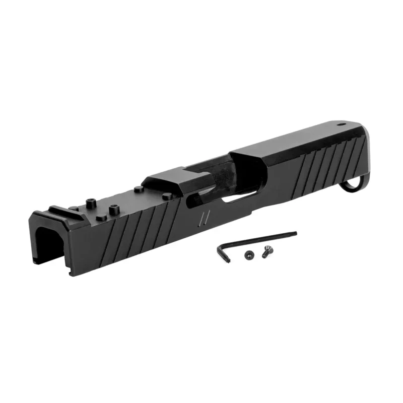 ZEV Z19 DUTY STRIPPED SLIDE WITH DeltaPoint Pro CUT FOR GLOCK 19 Gen 5. right 3/4 back view.
