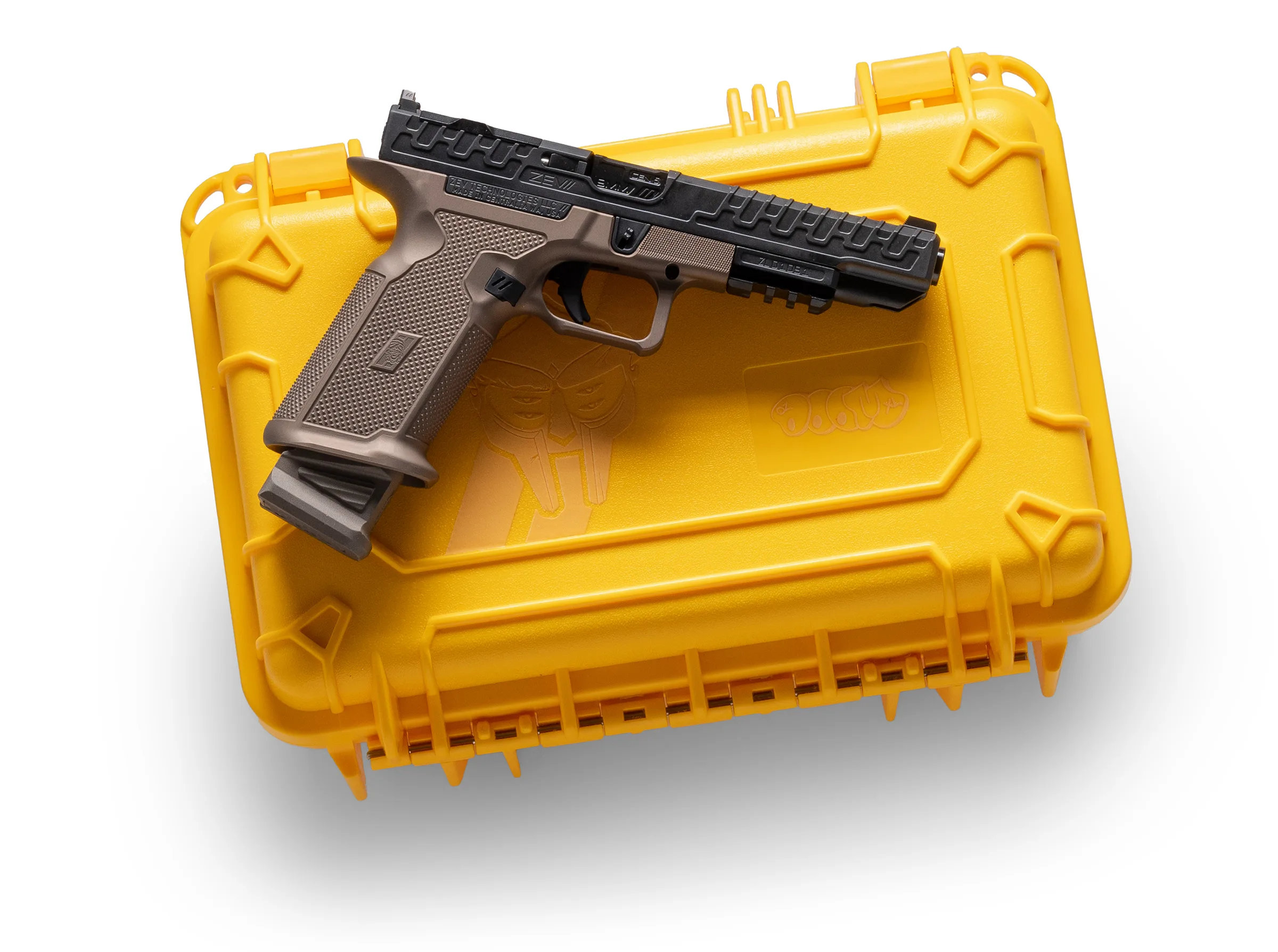 OZ Doom XL pistol on its yellow Condition 1 case